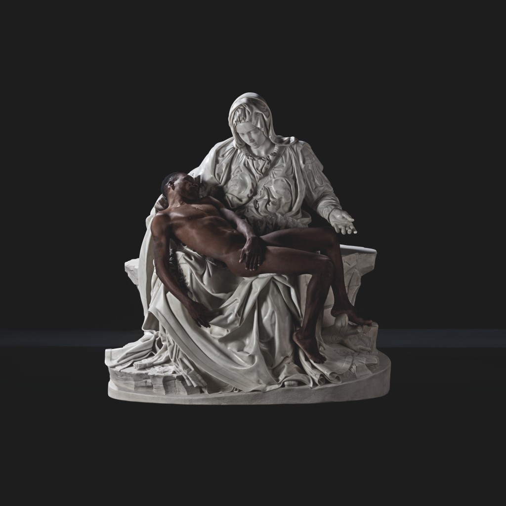 Fabio Viale, Pietà (with Lucky Ehi), 2017, marmo bianco e Lucky Ehi, cm 174 x 165 x 89, courtesy galleria Poggiali e Forconi