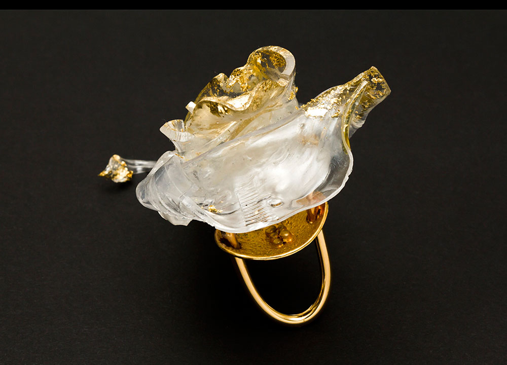 Irene Palomar, Ring: Untitled, 2014, Silver, gold sheets, gold plated, plastic thermoformed, 8 x 7 x 5 cm, Photo by: Damian Wasser Studio, Detail View